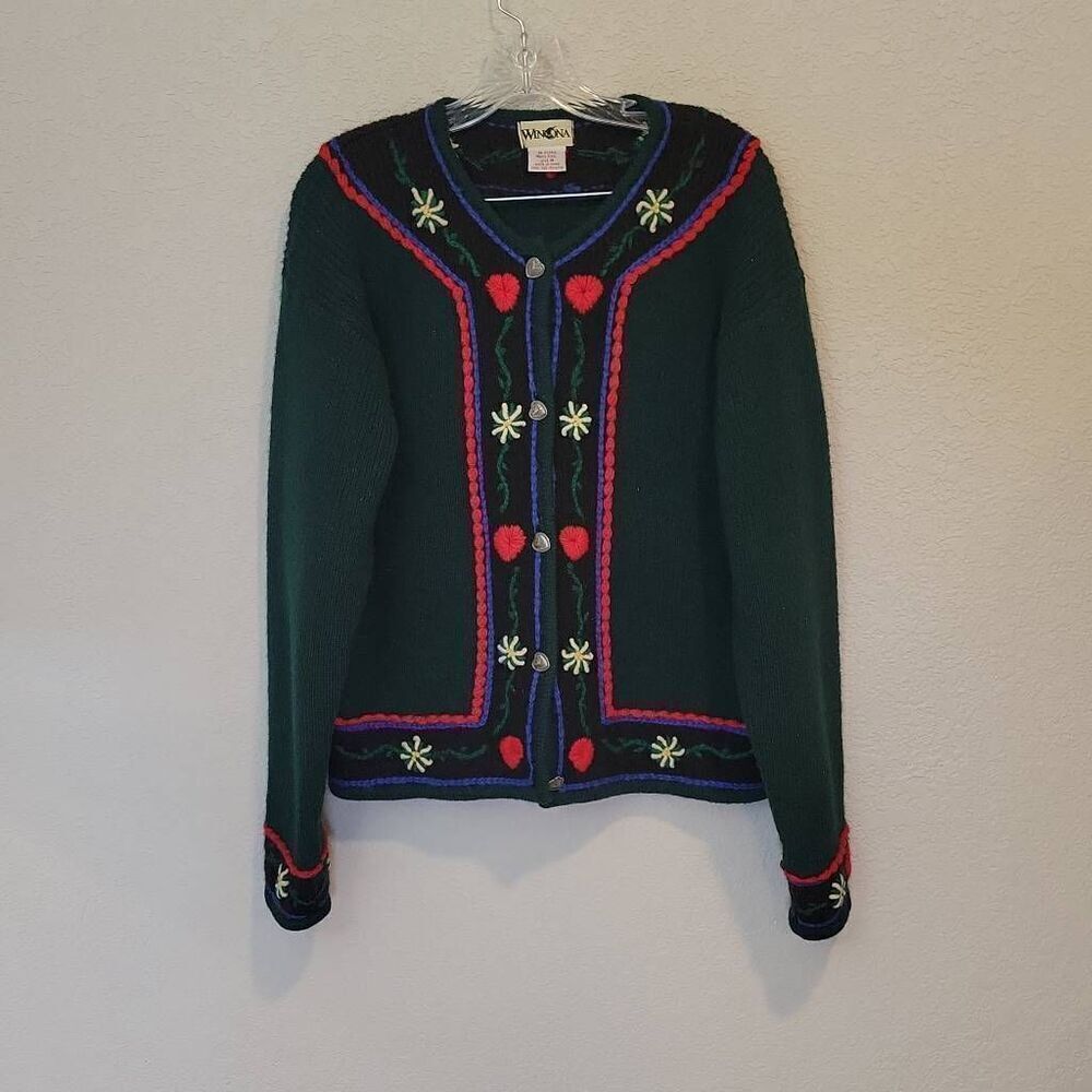VINTAGE WINONA HAND EMBROIDERED WOOL CARDIGAN SIZE M GREEN RED